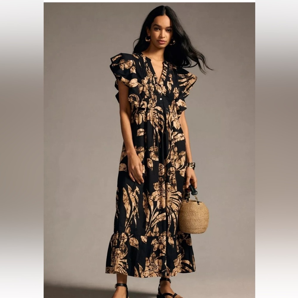 Anthropologie Maeve Black Flutter Sleeve Maeve Cassandra Maxi Dress size small